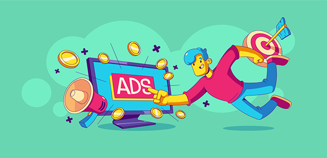 Pay per click, ads marketing strategy. Man click on advertising banner on computer screen, icons of money, target and megaphone, vector illustration in contemporary style